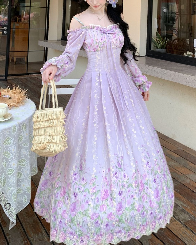 ラベンダーフラワープリント シフォンワンピース 2608938