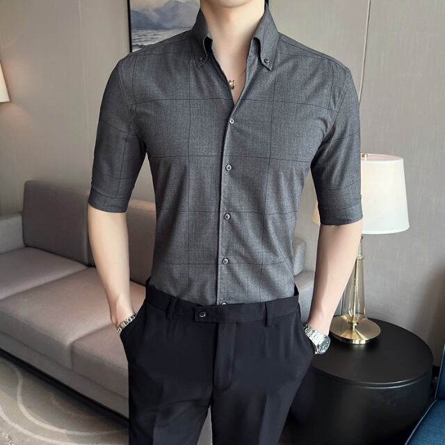 【予約販売】シャツ 七分袖 シンプル チェック柄 ベーシック レトロ メンズ グレー ホワイト ブラック カジュアル シック こなれ感 お洒落 韓国 トレンド 春 秋 M/L/XL/2XL/3XL