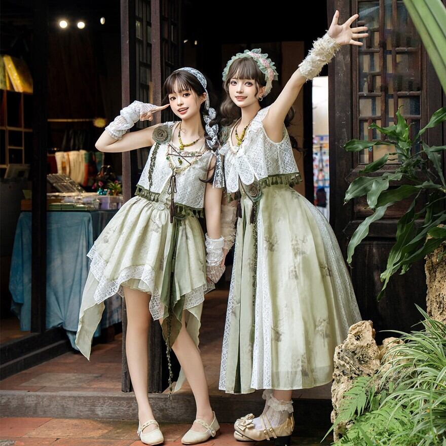 蝶プリントのセージグリーンロリィタ｜ボレロ付きロングドレス