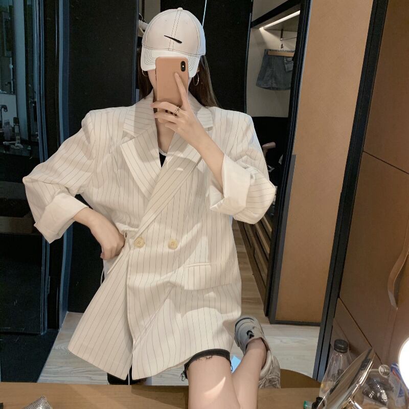 ストライプスモールスーツジャケットレディース秋シンルースミドル丈スタイルジャケット2020ニューホワイトスーツ ブラックストロベリース13002894475