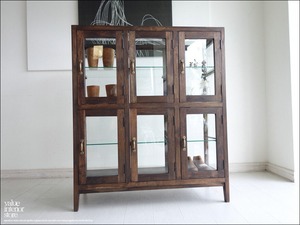 チーク総無垢 ガラスパンケース6枚扉WM ショーケース コレクションケース 陳列棚 店舗什器 ガラスケース 飾り棚 真鍮金物 送料無料