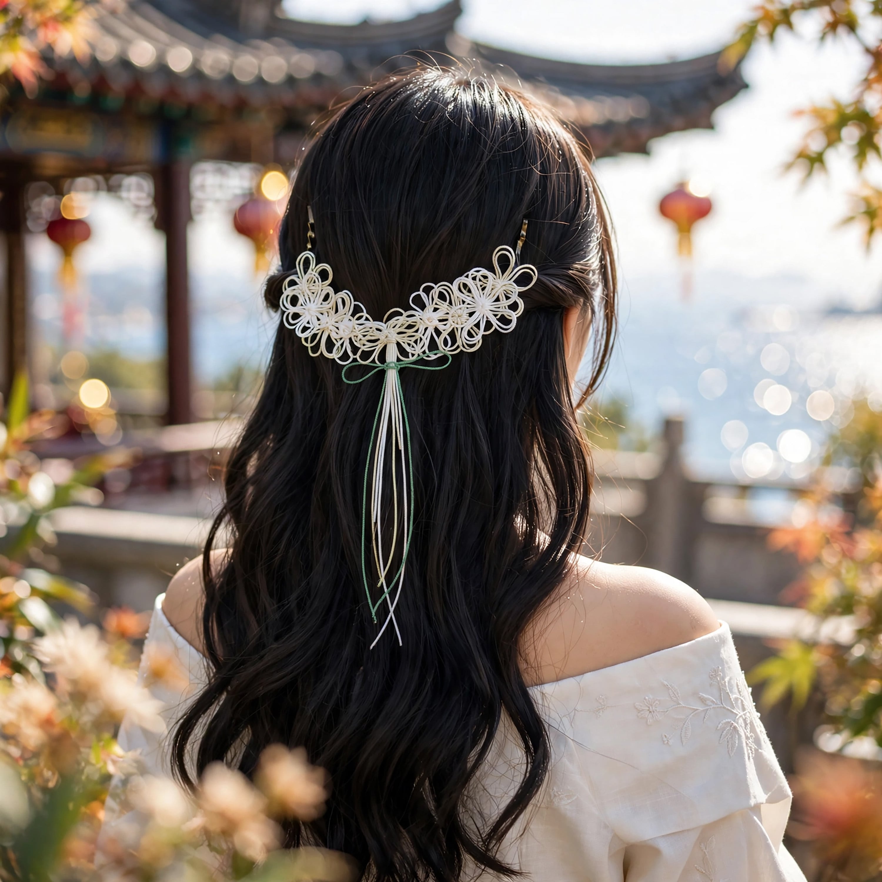 飾り結びヘアピン「麗ラニ映」(白×アイボリー×淡緑)【軽量バックカチューシャ】