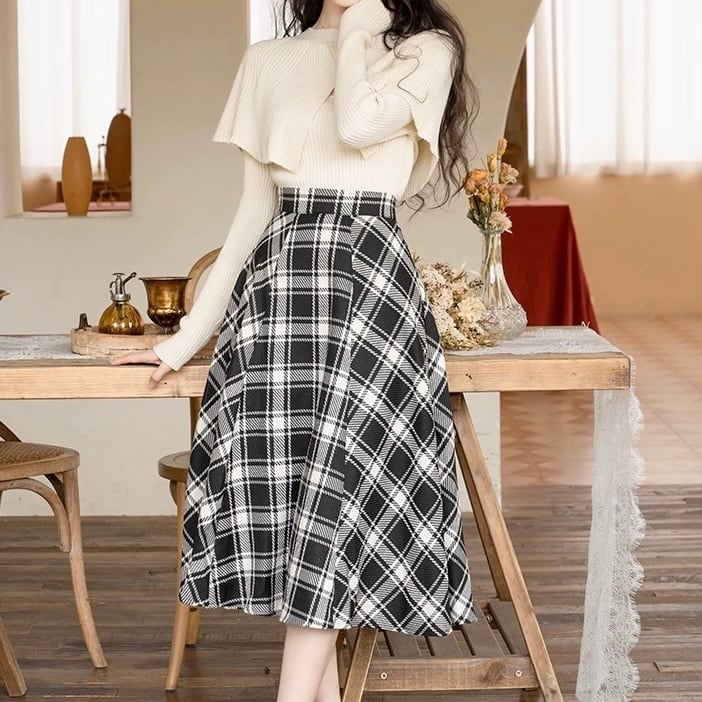 ケープ風ニットトップス×フェミニンチェックスカートセット✽L113