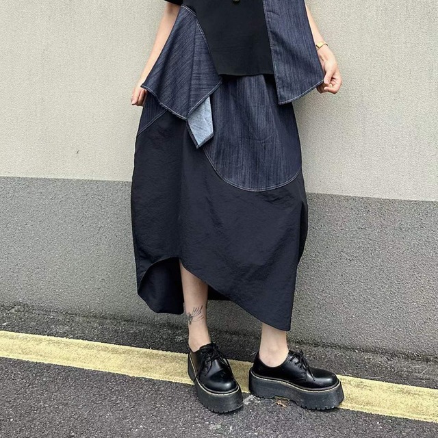 CONTRAST ELASTIC WAIST ASYM DENIM MIDI SKIRT M-17543