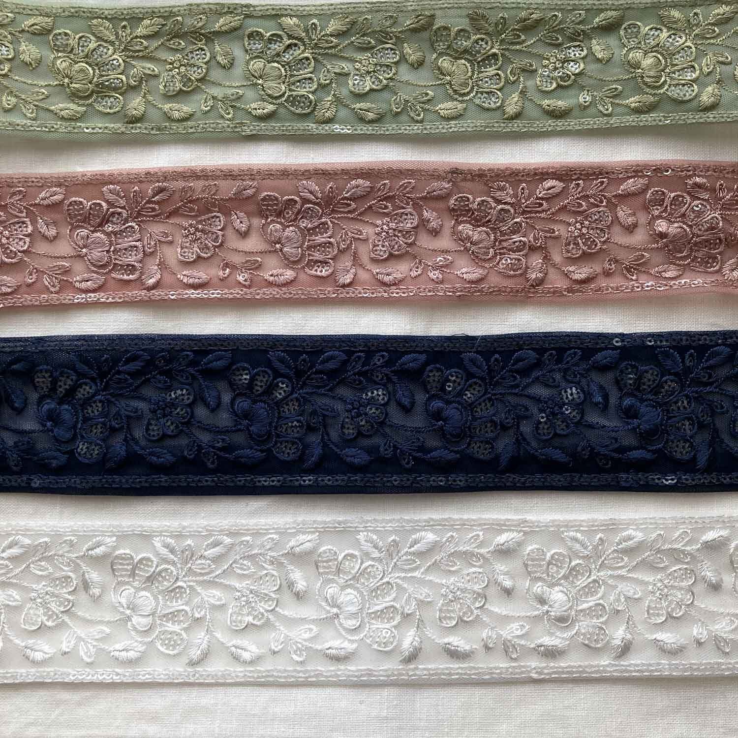 クリアスパンの扇お花ワントーン刺繍チュールリボン(1mカット)