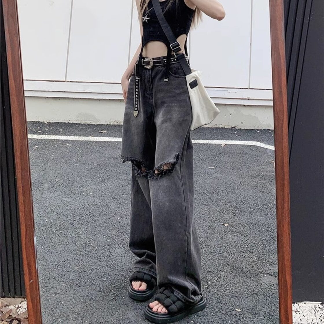 リップド ジーンズ レディース 韓国 デニムパンツ クラッシュ加工 