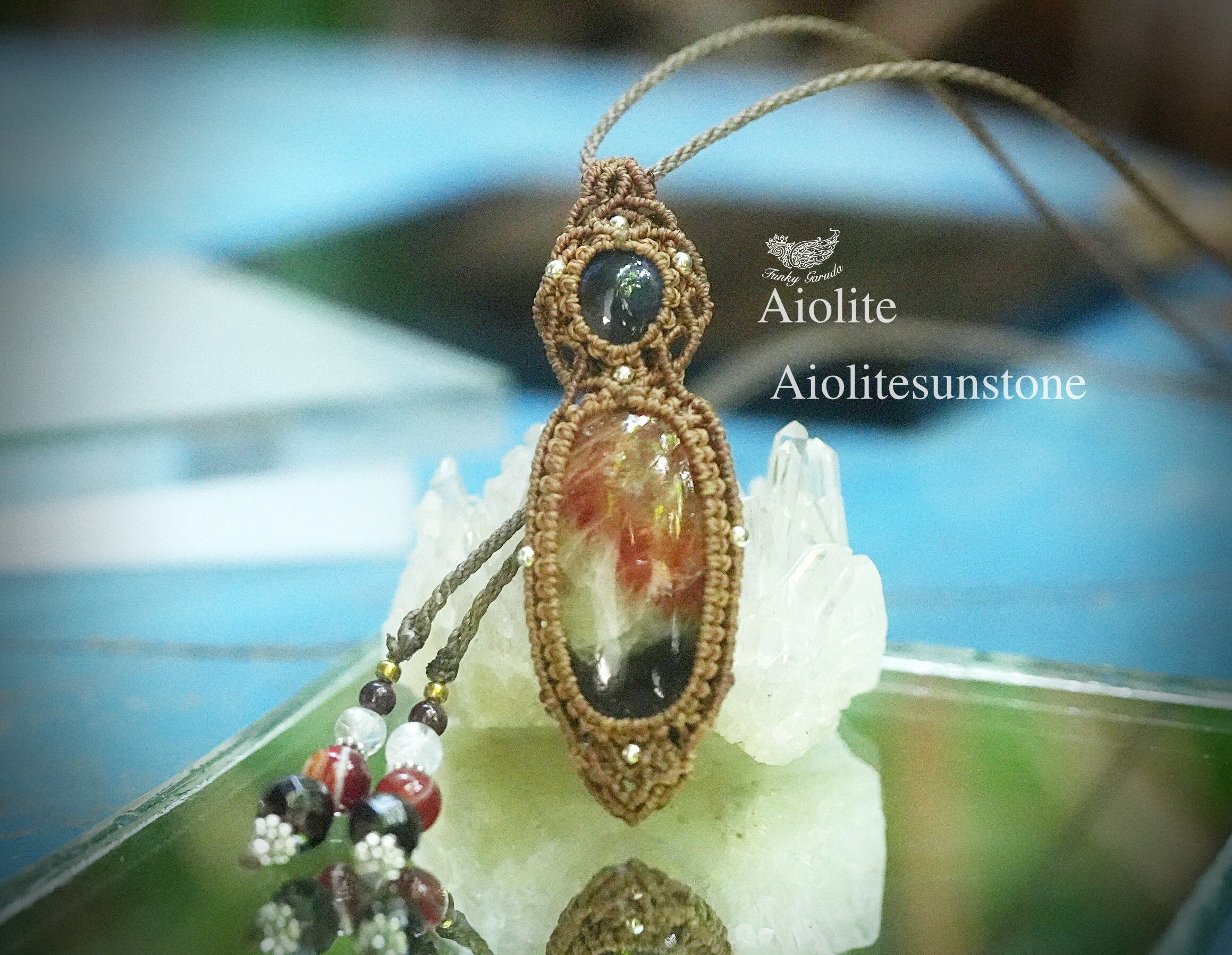 夕陽と夜空★アイオライトサンストーン マクラメネックレス1577