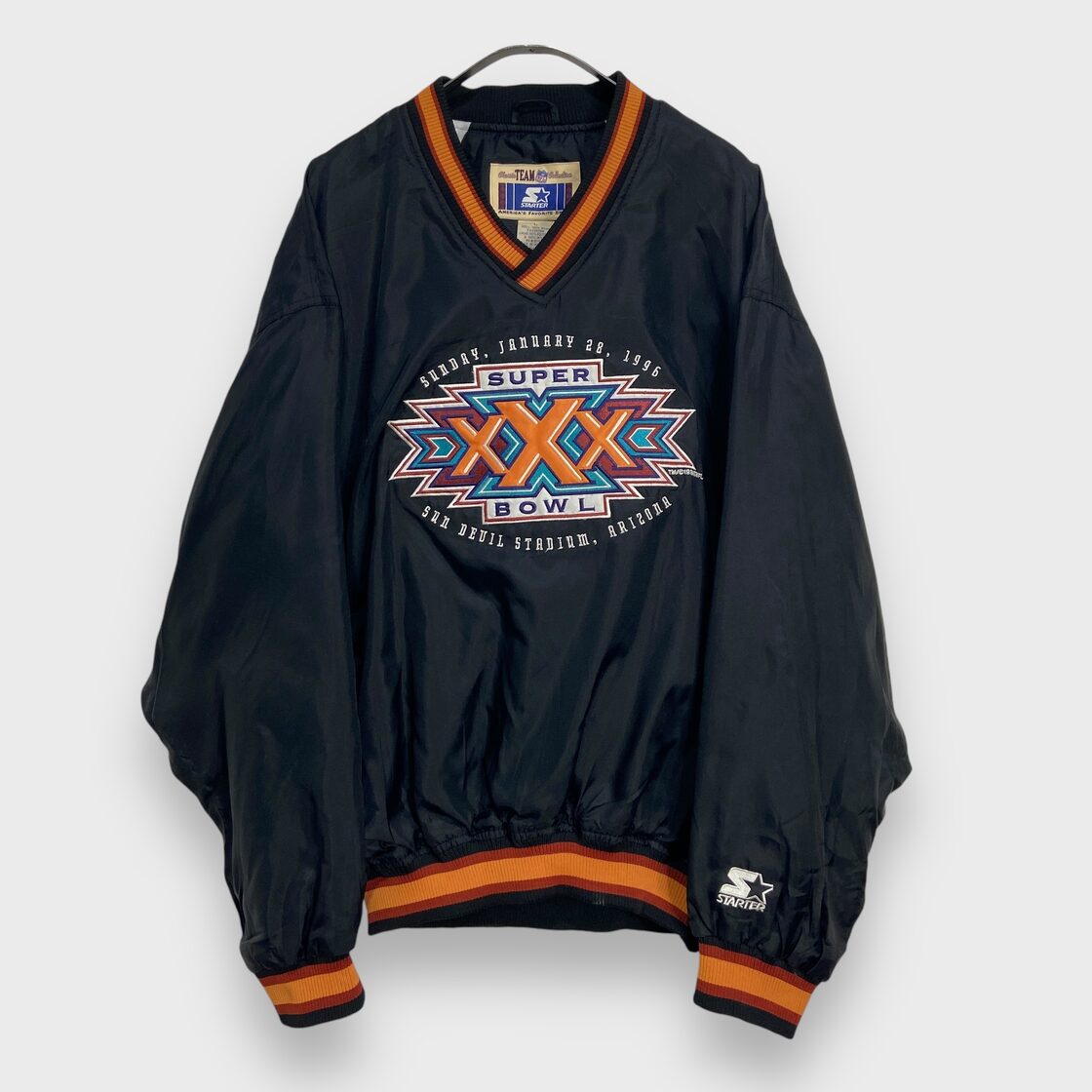 90s スターター NFL スーパーボウル Vネックナイロンプルオーバー 黒 L 