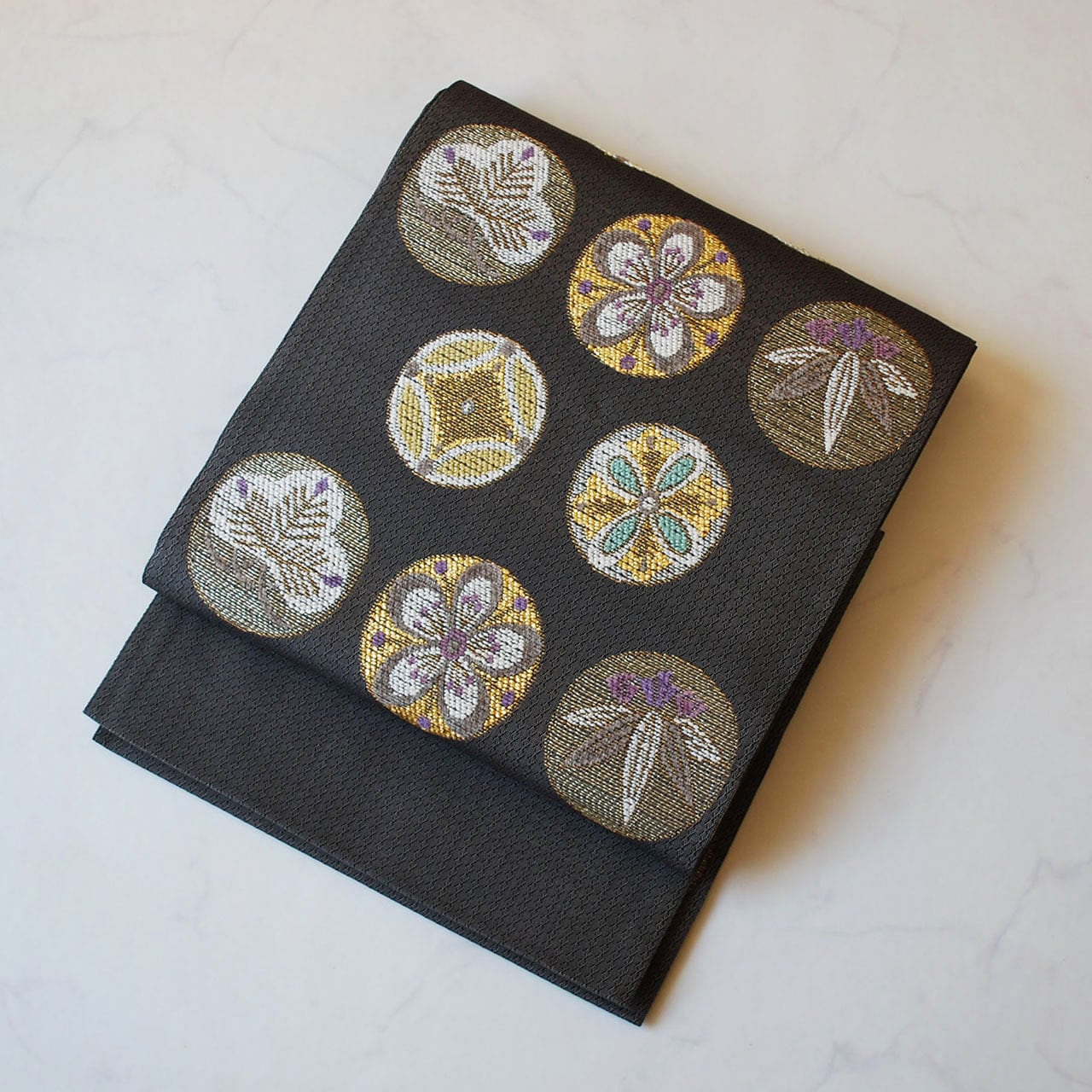 【ふくろ帯】墨色地 丸紋吉祥文様 ふくろ帯