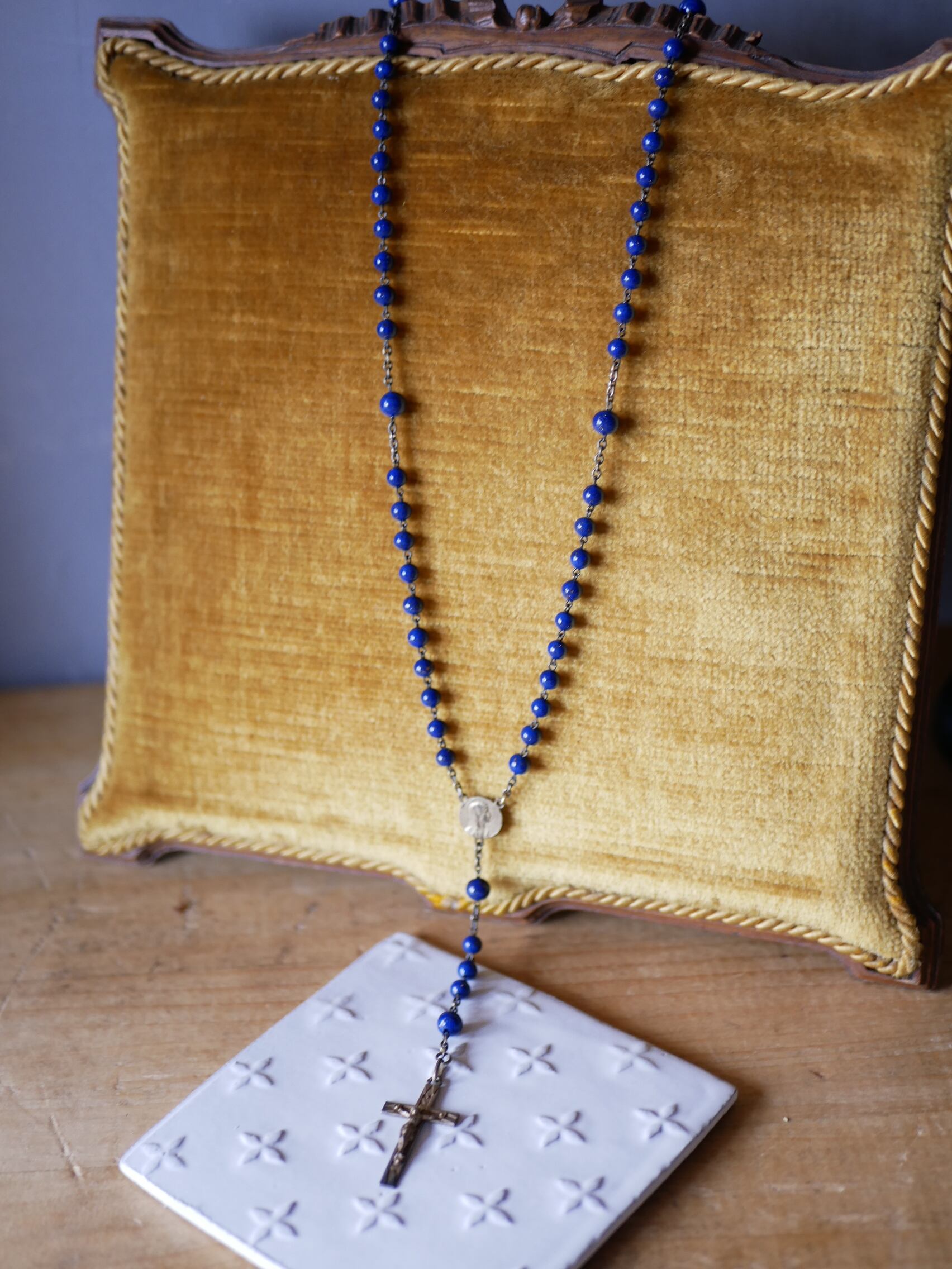 ラピスラズリ (青・BLEU) のロザリオ 純銀 フランスアンティーク 十字架 ブロカント アンティークのある暮らし