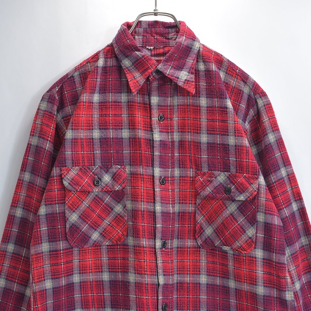 80s 90s Used フランネルシャツ ネルシャツ プリント フラップポケット バイアスチェック アメカジ レッド マルチカラー USED ヴィンテージ ビンテージ 古着 メンズS〜サイズ相当