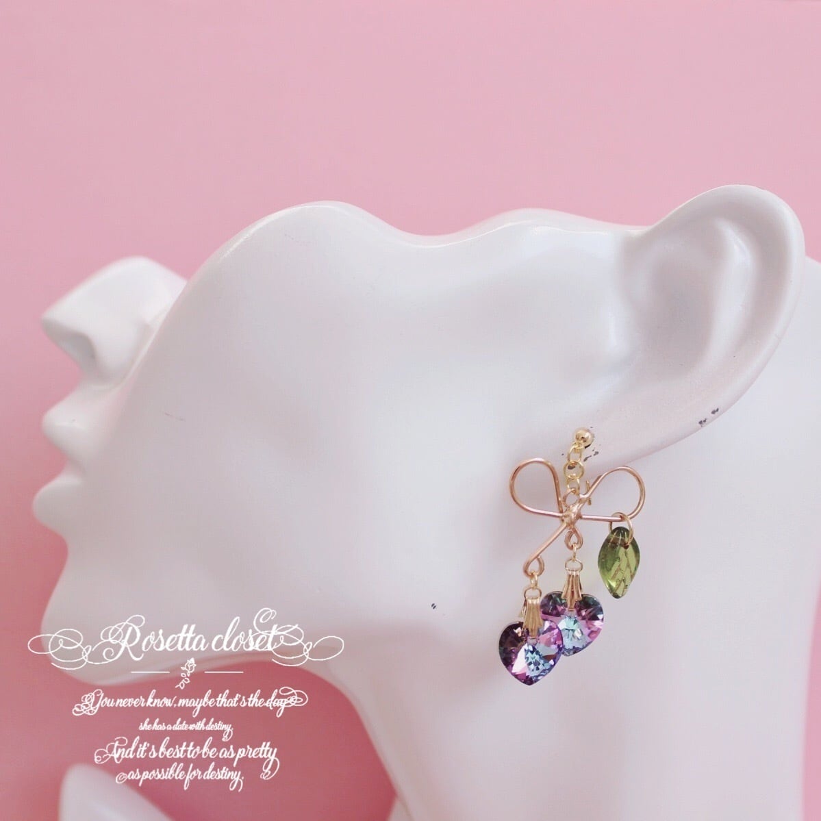幻想的カラー Cherry Bonbon ピアス イヤリング ゆめかわいいハンドメイドアクセサリー ハートのさくらんぼとリボンのガーリーで甘い 可愛いピアス Rosetta Closet ロゼッタクローゼット フレンチガーリーな可愛いハンドメイドアクセサリーブランド