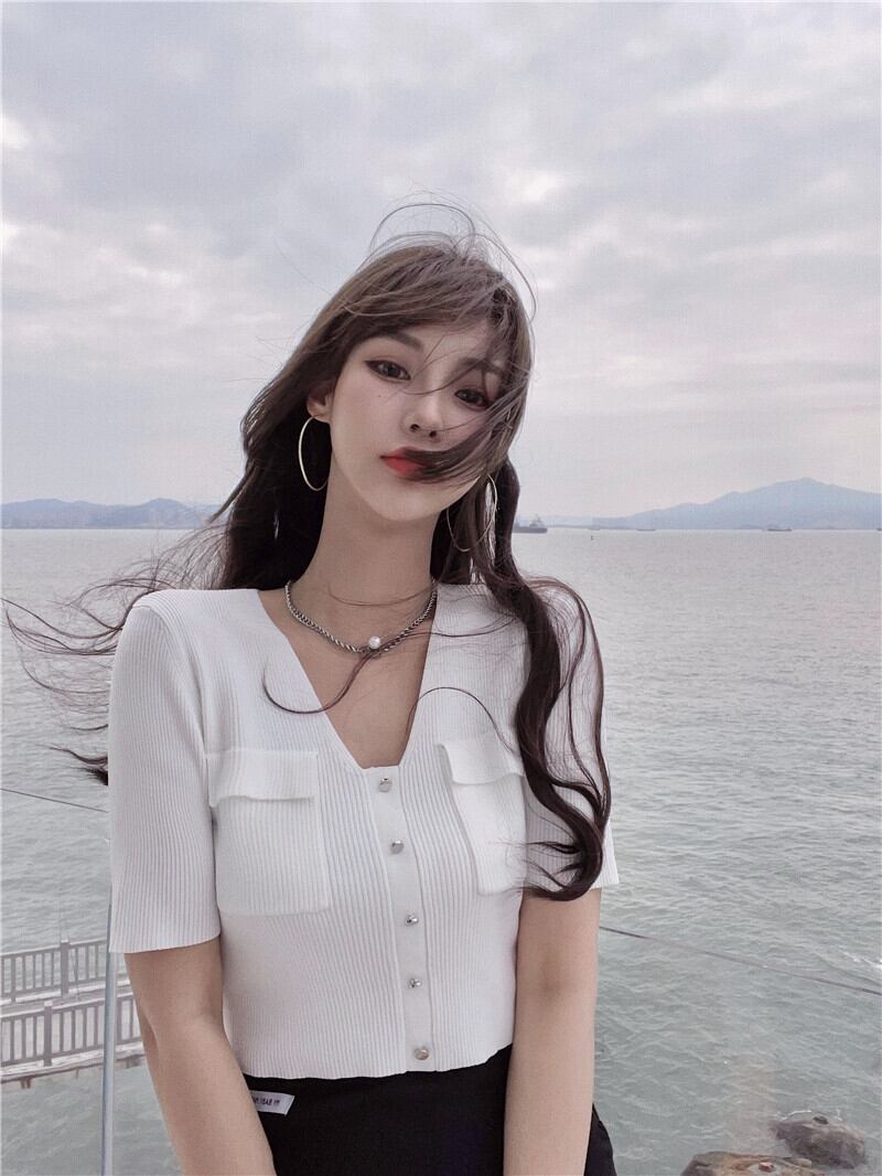 ニットセーター Vネックショートスリムホワイトカーディガンスプリングサマートップス 春物 夏物 ブラックストロベリース51978109644