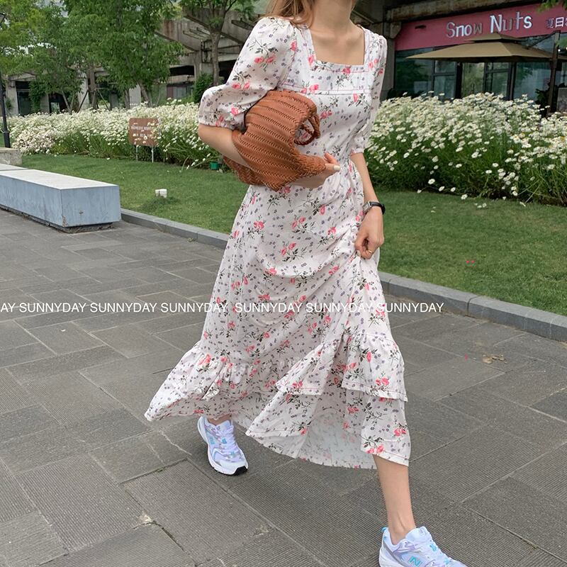 Ladise Dress レディース ワンピース ドレス 超ロングワンピース エレガントワンピース 韓国風 花柄 可愛い 女の子 夏秋 通勤通学 旅行 海 Dk大黒ファシオン通販店