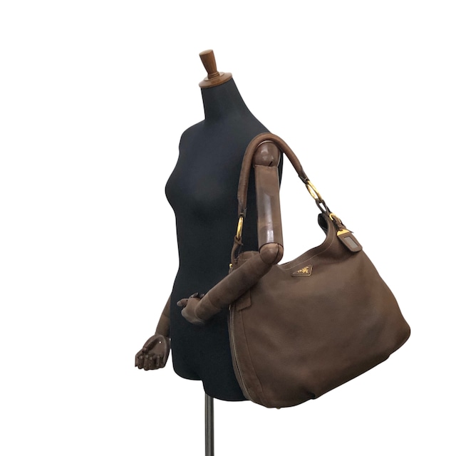 PRADA プラダ ショルダーバッグ ブラウン トライアングルロゴ レザー ホーボーバッグ セミショルダー vintage ヴィンテージ オールド ajvtv2
