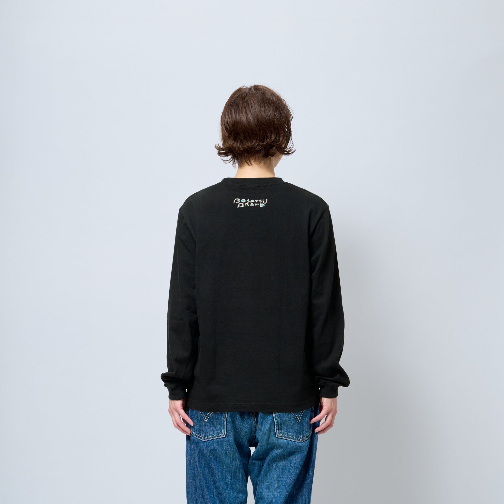 善財童子 仏像 ロングスリーブ Tシャツ (刺繍) 5.6oz ブラック