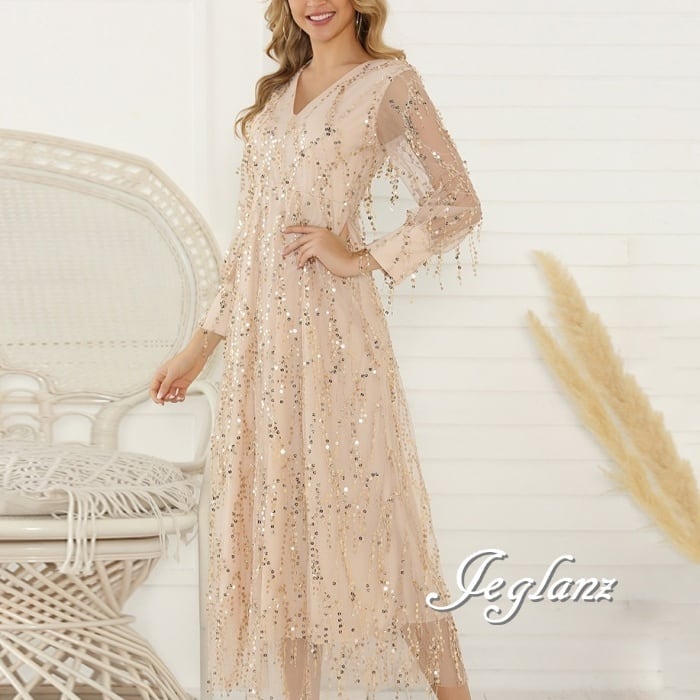 2色 パーティ ドレス ワンピース 透け感 スパンコール 光沢感 (M9159)ζ