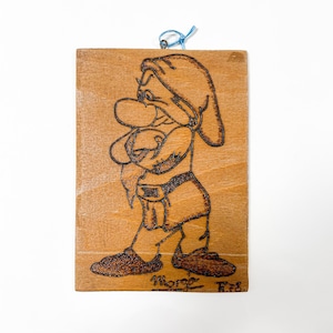 Vintage Pyrography Wooden Plaque Of Disney's Grumpy From Snow White (1978)