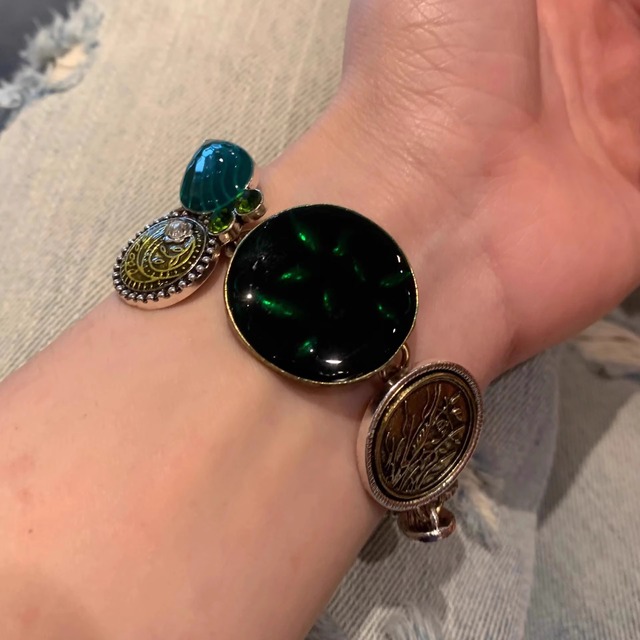 green floral oil painting vintage bracelet　＜a2367＞