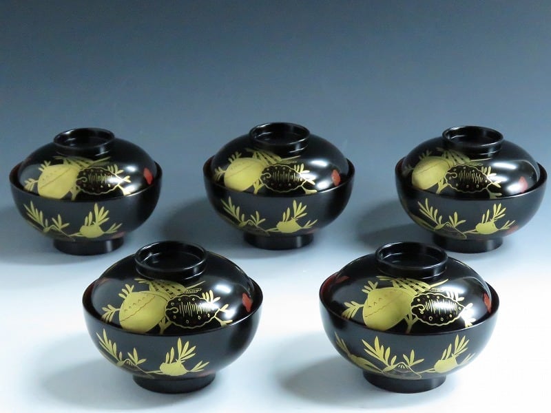 デッドストック未使用品 黒塗 ミル貝蒔絵 海松会蒔絵 吸物椀 5客セット