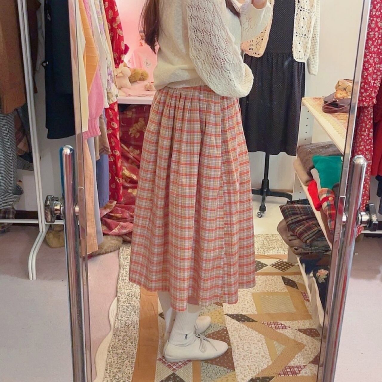 check waist ribbon skirt