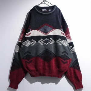 90s Multicolor Geometric Pattern Leather Switching Design Knit