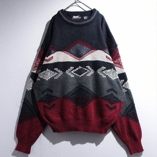 90s Multicolor Geometric Pattern Leather Switching Design Knit