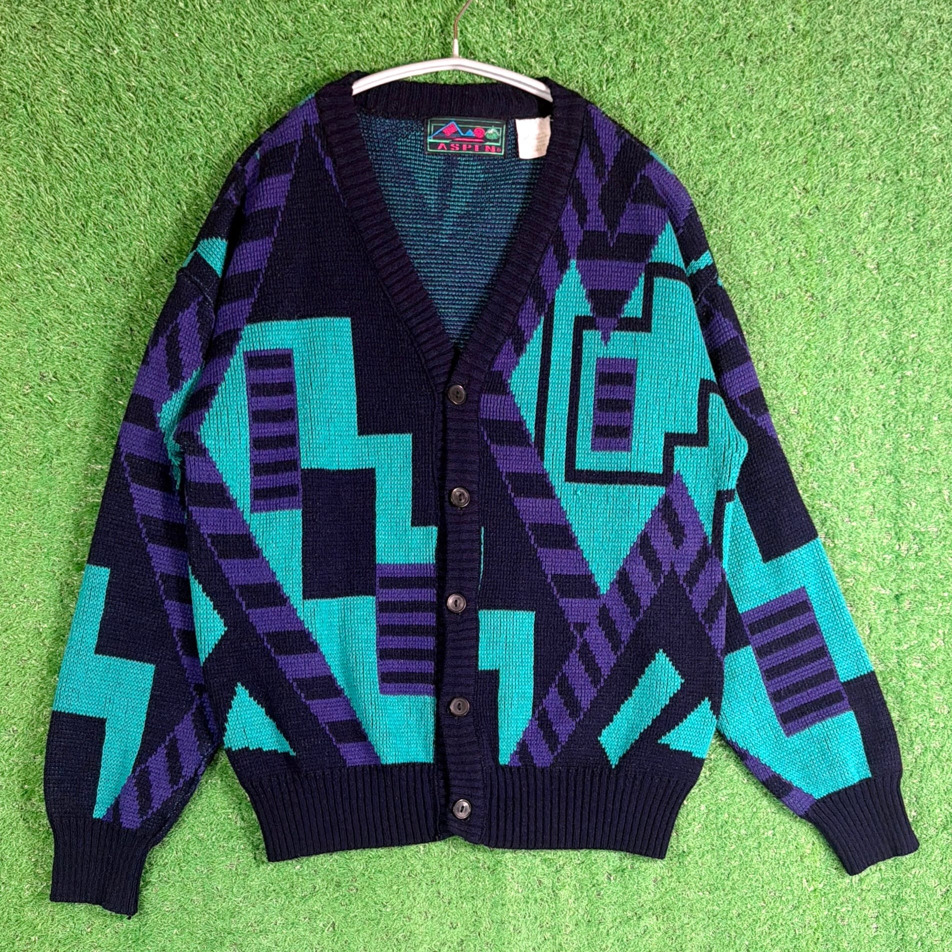 Men's】 80s - 90s 幾何学柄 アクリル ニット カーディガン / 80年代