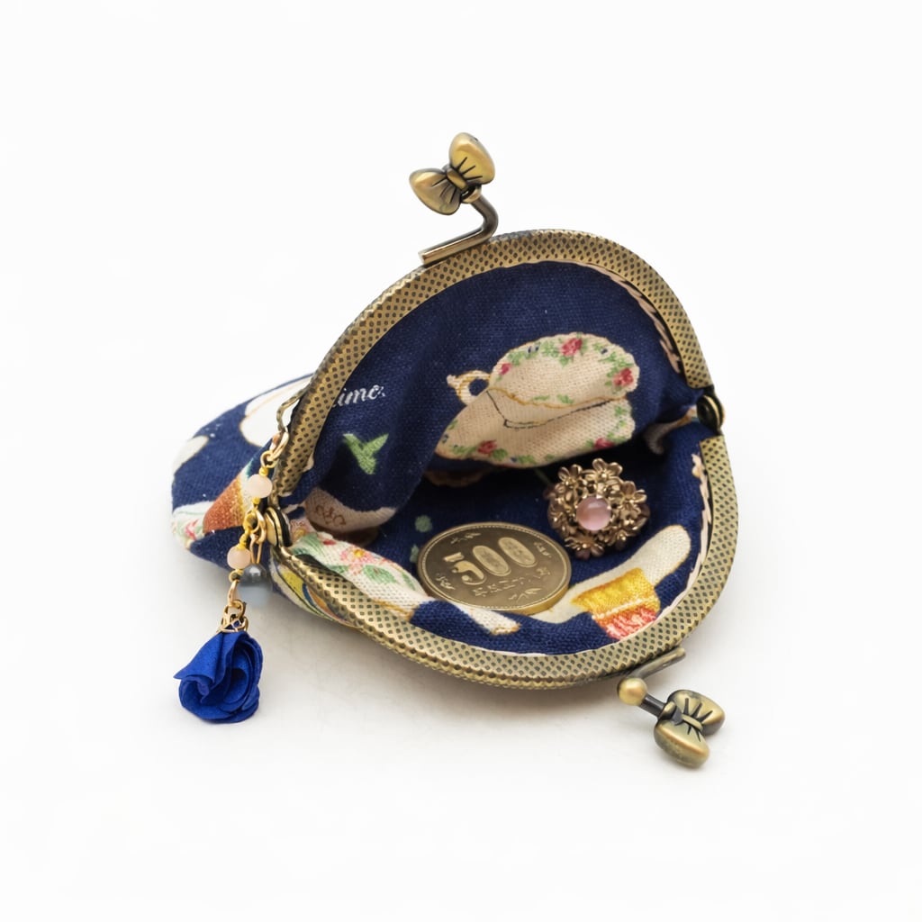 【ハンドメイド】がま口ポーチ・コインケース｜アフタヌーンティー ネイビー（口金8.5センチ）