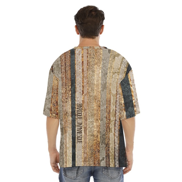 和紋様装飾　ゴールドストライプ　和柄ユニセックス ドロップショルダーTシャツ