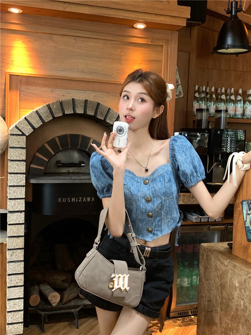 デニムシャツ レディース トップス デニム クロップド丈 半袖 谷間見せ