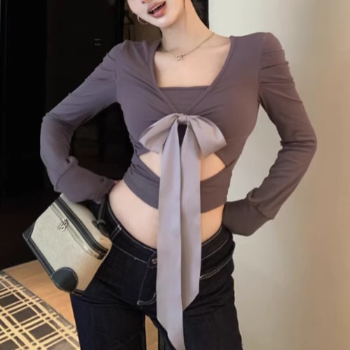 3色／カットアウトウエストリボントップス ・14318