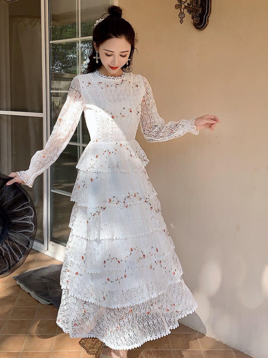 全2色 ティアードロングドレス レース フリル 段々フリル ティアード