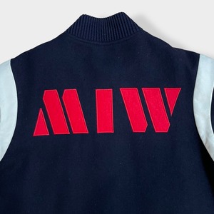 【KNOT by MIW】90s スタジャン 袖 肩 レザー 切替 アクセント tough 刺繍ロゴ ワンポイント バックロゴ 裏地キルティング L相当 ラインリブ 古着