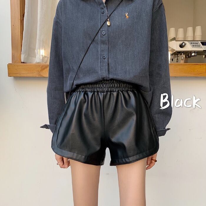 ショーツ ハイウェストウェストカジュアルパンツ ブラックレザー ブルマー 1号婦人87538572378