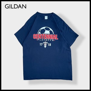 【GILDAN】サッカー ロゴ プリント Tシャツ 半袖 バックプリント 両面プリント LARGE ネイビー us古着