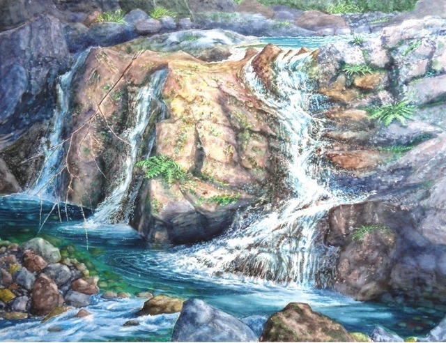 「谷の小滝』№116   2021水彩連盟展入選（国立新美術館展示）原画は80号（112＊145cm)－－－－－ー《 額を選んで下さい 額入り絵を表示します 》ーーーーーーーーー　　　　　　　　