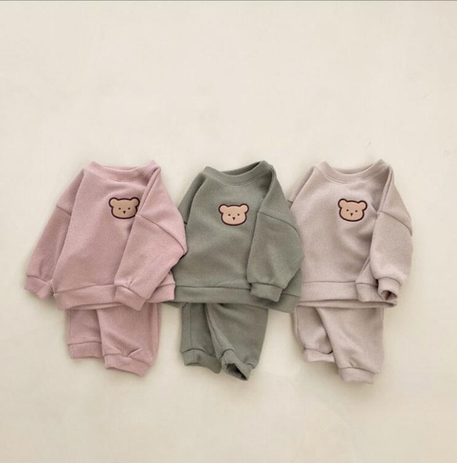 80-100cm即納｜くま刺繍 淡色セットアップ｜上下セット