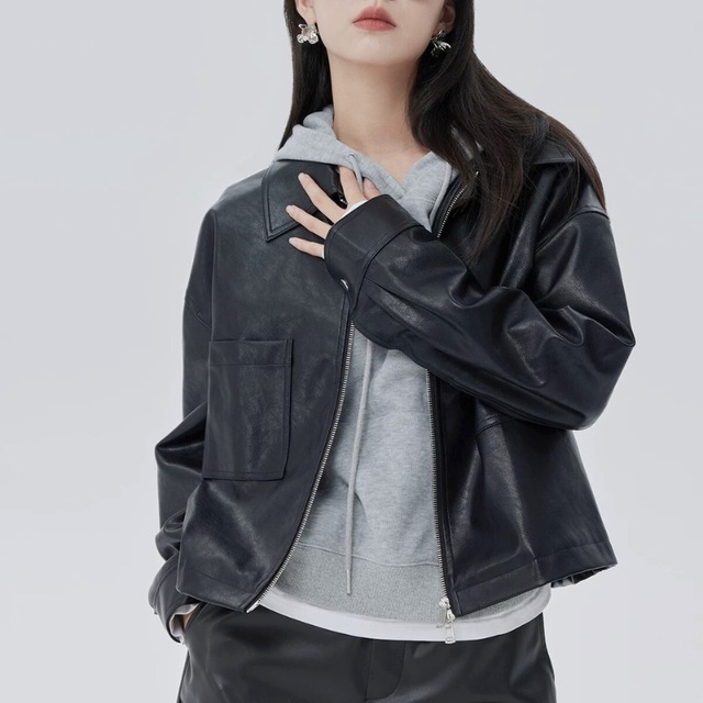 Minimal faux-leather zip jacket C1408