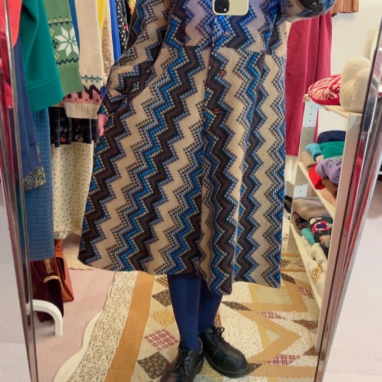 blue brown zigzag wool one-piece