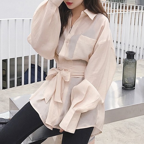 ふんわり ワイシャツ リボン チュニック ルーズ ゆったり ウエストリボン ブラウス かわいい6008544