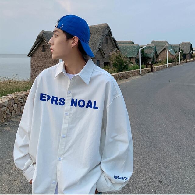 【予約販売】シャツ 長袖 ネルシャツ フランネル メンズ オーバーサイズ 無地 ブラック ホワイト 胸ロゴ カジュアル ストリート こなれ感 お洒落 韓国 トレンド 秋冬 M/L/XL/2XL/3XL/4XL