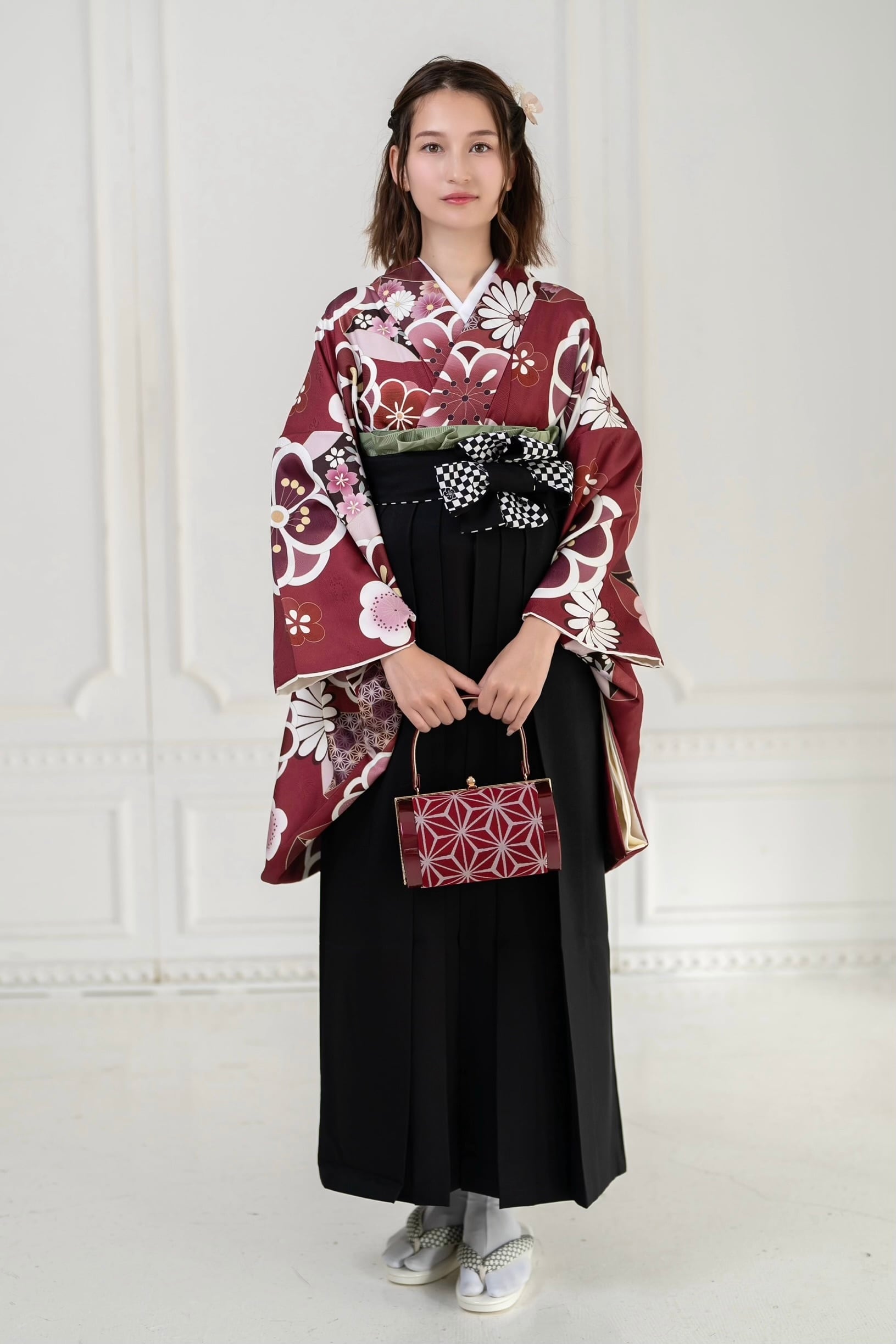 Kimono Sienne 卒業式袴3点セット 赤 二尺袖着物 袴 黒 市松模様 卒業