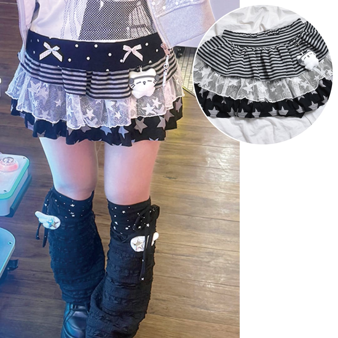 【10/23 完売→再入荷!】チャーム付き★ボーダー星レースティアードスカート