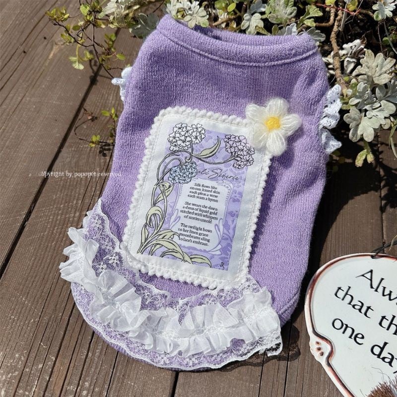 フラワーモチーフのパープルのふわふわセーター 犬服 01007
