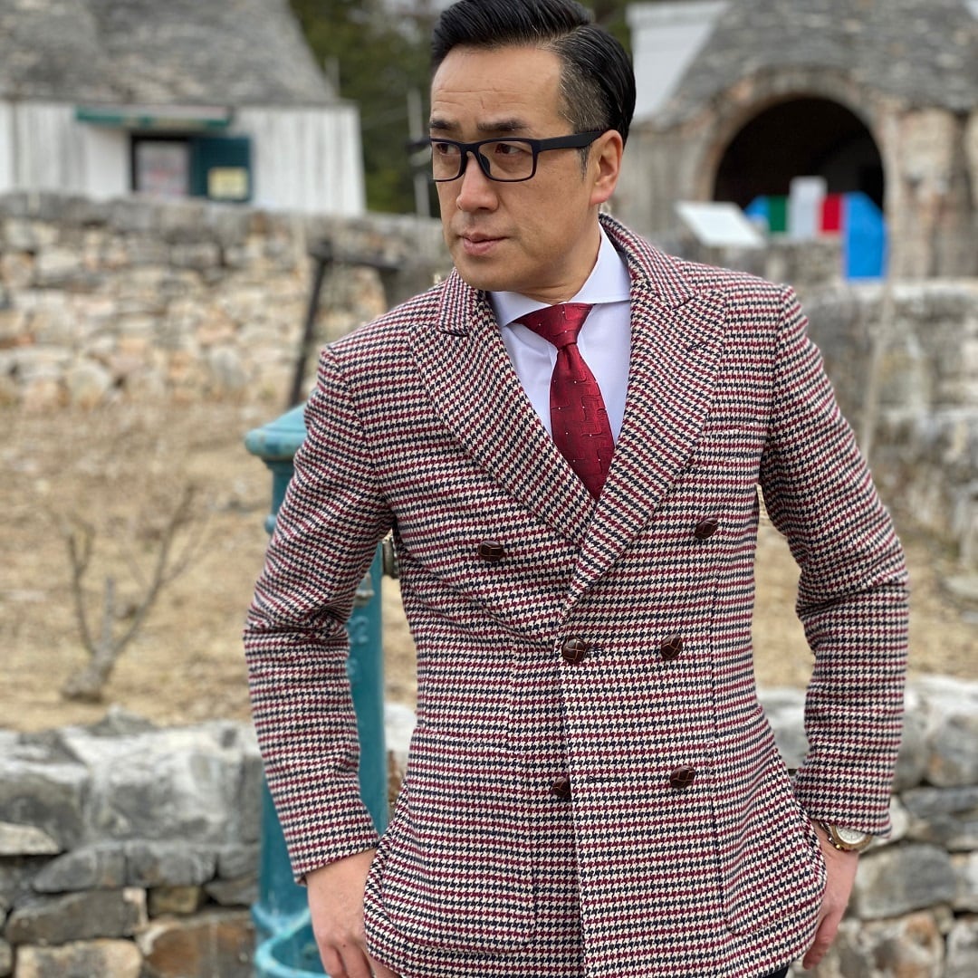 美品 ISAIA チェック柄 千鳥柄 ダブル セットアップ スーツ ブラウン