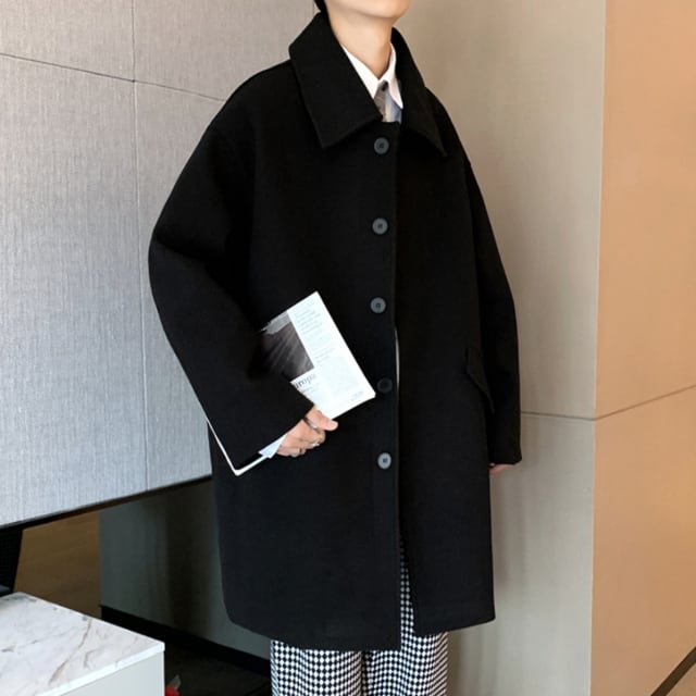 【予約販売】コート ミドル丈 黒 メンズ ブラック シンプル 男前 シック 韓国 カジュアル 綺麗め 冬コート 防寒 ビジネス 通勤 防寒 お洒落 こなれ感 ベーシック 秋冬 大きいサイズ M/L/XL/2XL