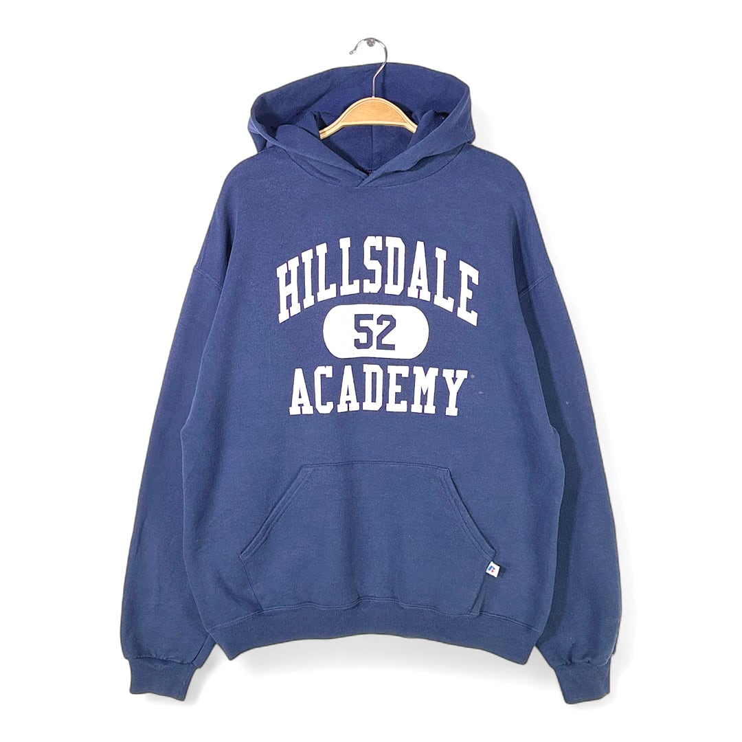 00s ラッセルアスレッチック 3段プリント スウェットパーカー カレッジ カプセルナンバー アーチロゴ ネイビー RUSSELL メンズL 古着 @CG0459