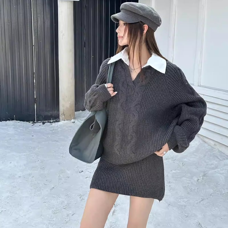 【set】フェイクレイヤードニットトップス×ミニスカートセット Q7864