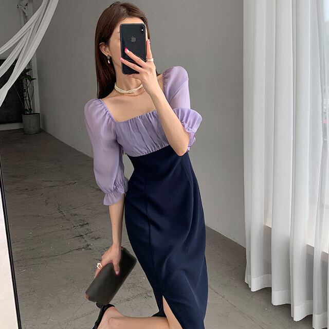 ワンピース レディース ひざ下丈 タイト スリム スリット 透け感 フォーマル オケージョンドレス 半袖 パフスリーブ スクエアネック シンプル おしゃれ 結婚式 パーティ フェミニン ネイビー パープル S/M/L/XL